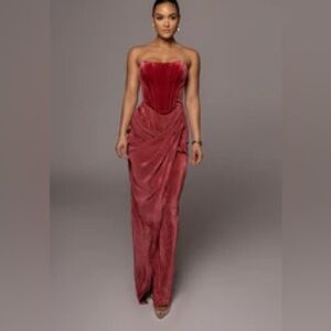 JLUXLABEL Strapless Velvet two piece Gown in Rose Red